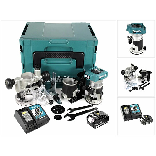 Makita DRT 50 RF1J X2 Affleureuse multifonctions sans fil, sans balai,18 V Li-Ion - avec module de fraisage + 1x Batterie 3 Ah + Chargeur + Makpac