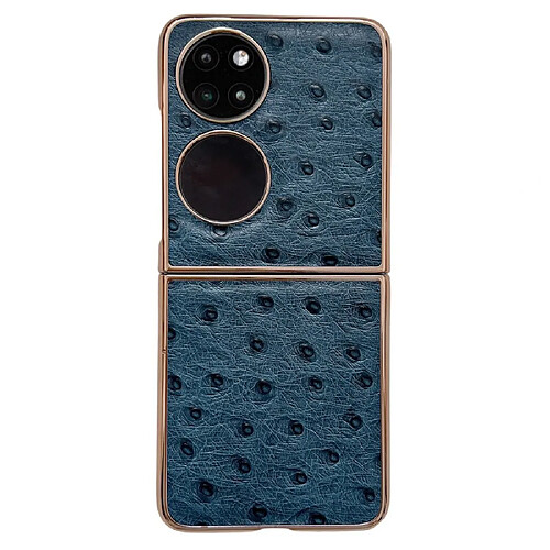 Coque en TPU + cuir véritable électroplaqué, texture autruche, anti-rayures pour votre Huawei P50 Pocket - bleu