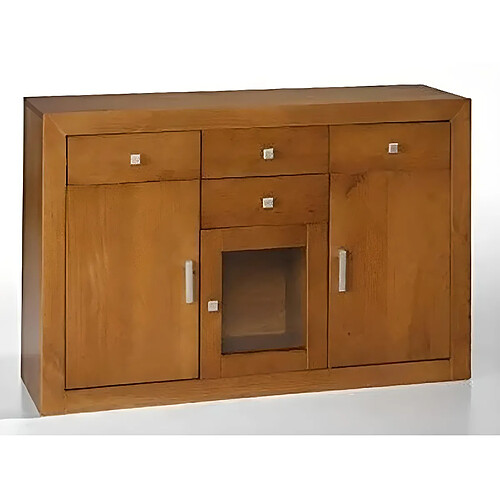 Pegane Buffet meuble de rangement en pin massif coloris cerisier - Longueur 130 x Profondeur 42 x Hauteur 86 cm