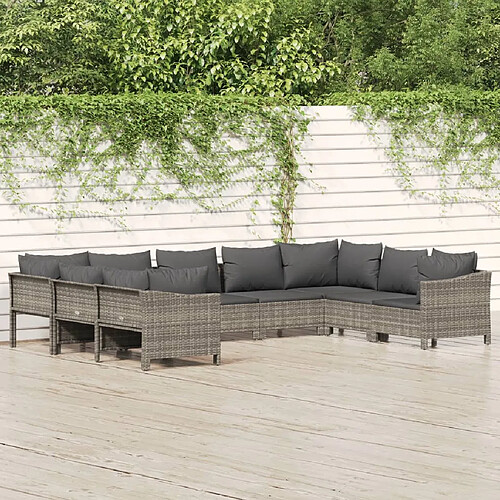 vidaXL Salon de jardin 9 pcs avec coussins Gris Résine tressée