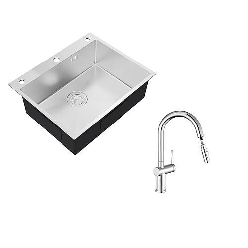 Auralum max Évier de Cuisine à Encastrer,1 Bac,60*49*20CM,Évier en inox 304,Silver+robinet de cuisine rétractable à deux fonctions, chromé