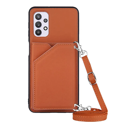 Coque en TPU + PU Brillant avec support, porte-cartes et sangle de maintien marron pour votre Samsung Galaxy A32 5G