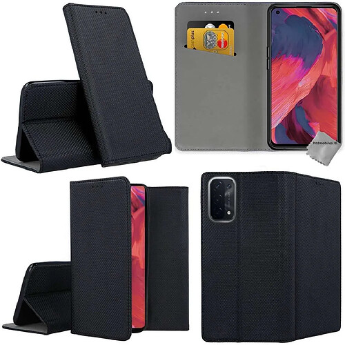 Htdmobiles Housse etui portefeuille avec coque intérieure en silicone pour Oppo A54 5G / A74 5G + verre trempe - NOIR MAGNET