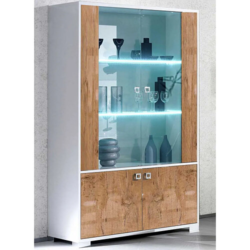 Dansmamaison Vitrine 4 portes Laqué Blanc Brillant/Bois à LED - AVELLINO