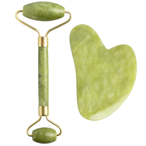 Chrono Gua Sha et Rouleau de Jade pour Massage Visage - Rouleau de Massage en Pierre de Jade - Jade Roller Facial Anti-age,Vert