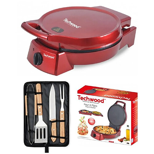 Techwood Four à Pizza tartes Rouge Grill Plancha Revêtement Pierre antiadhésif 1800 W pancakes omelettes, quiches et flammekuech + Set de 4 u