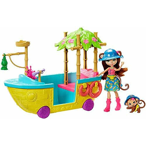 Mattel Enchantimals Junglewood Boat & Merit Monkey Doll (6 pouces) et compass Animal Figure, Boat Playset on Wheels with 8+ Accessories