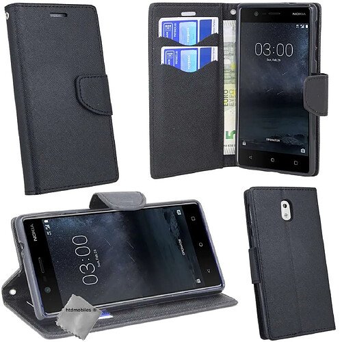 Htdmobiles Housse etui portefeuille pour Nokia 3 + verre trempe - NOIR / NOIR