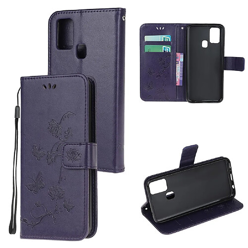 Etui en PU empreinte fleur de papillon avec sangle violet foncé pour votre Samsung Galaxy A21s