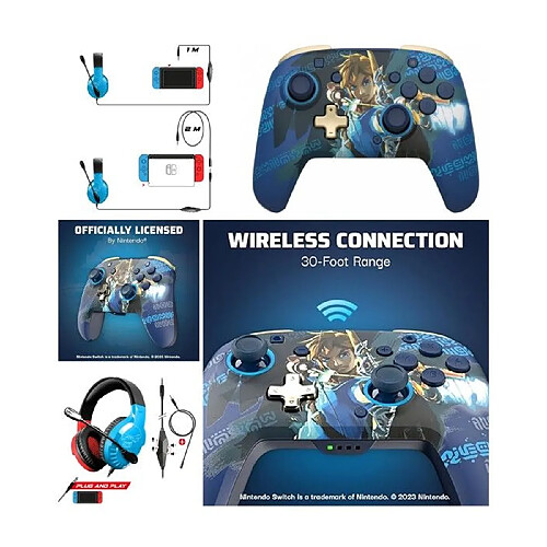 NC CASQUE NINTENDO SWITCH ROUGE ET BLEU + Manette SANS FIL Bluetooth SWITCH ZELDA GLOW LINK Officielle Nintendo avec Câble USB detachab