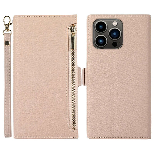 Etui en PU texture litchi, anti-écaillage avec pochette à fermeture éclair et sangle pour votre iPhone 14 Pro Max - abricot