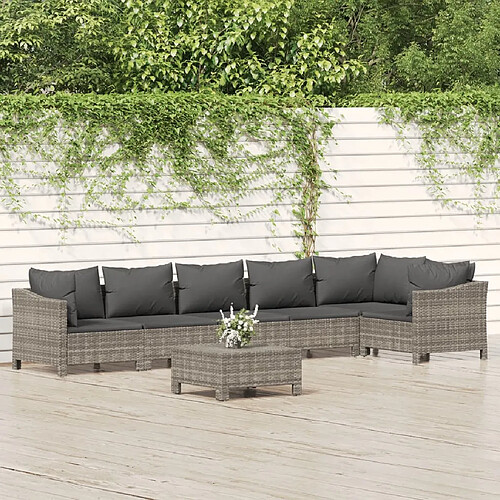 vidaXL Salon de jardin 7 pcs avec coussins Gris Résine tressée