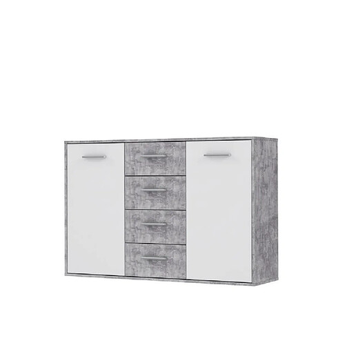 PILVI Buffet bas 2 portes 4 tiroirs - Blanc et béton gris clair - L 122,6 x P 34,2 H 88,1 cm