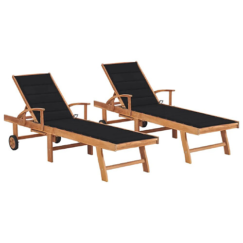 Helloshop26 Lot de 2 transats chaise longue bain de soleil lit de jardin terrasse meuble d'extérieur avec coussin noir bois de teck solide 02_0012034