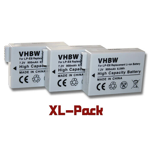 Vhbw 3 x Li-Ion batterie 900mAh (7.2 V) adaptée pour Canon EOS Rebel T2i, T3i, T4i. Remplace den type de batterieen: LP-E8.