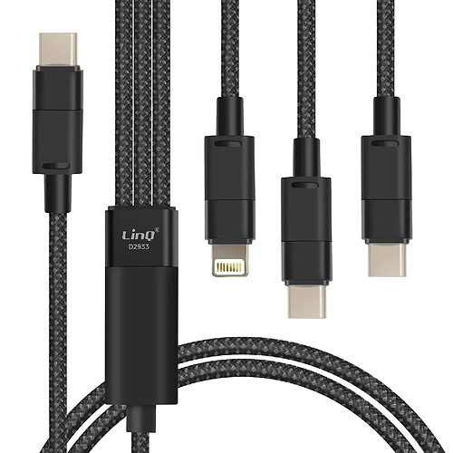 LinQ Câble USB-C vers Lightning + 2 USB-C 60W Charge Rapide Longueur 1.2m Noir