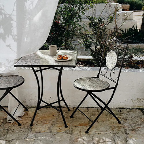 Mes Table de jardin 60 cm avec 2 chaises en céramique blanc, bleu et noir