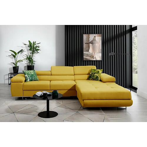 VENESETTI Canapé d'angle convertible ARMEL en tissu luxe 5 places, jaune moutarde, avec coffre, angle droit (vu de face)