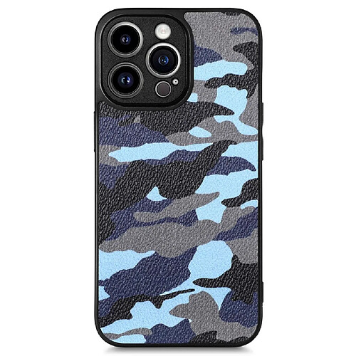 Coque en TPU + PU étui à chocs, support de la recharge sans fil, motif camouflage pour votre iPhone 14 Pro - bleu