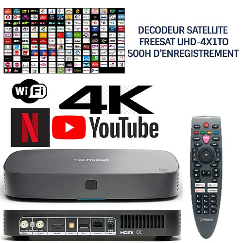 Décodeur satellite HD FREESAT UHD-4X1To, 200 chaînes sat anglaises, 13 chaînes anglaises HD, sans abonnement, 500h enregistrement