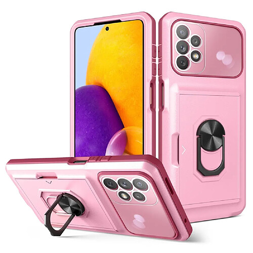 Coque en TPU + acrylique avec béquille en anneau et porte-carte Rose/rouge vin pour votre Samsung Galaxy A13 4G