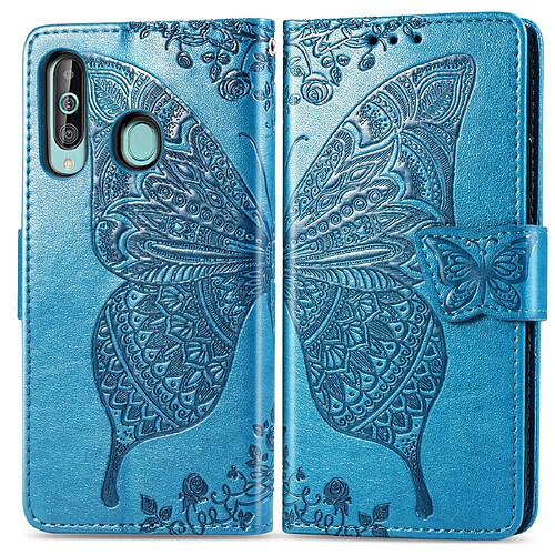 Wewoo Housse Coque Étui en cuir à rabat horizontal Butterfly Love Flowers gaufrage pour Galaxy A60avec porte-cartes et porte-cartesainsi que portefeuille et lanière bleu