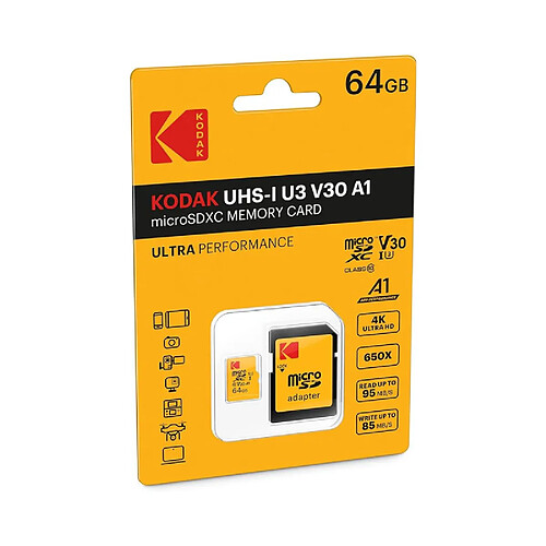 KODAK Carte mémoire Micro SDHC 64GB avec adaptateur - Solution de stockage haute vitesse - Noir