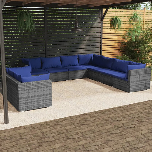 vidaXL Salon de jardin 9 pcs avec coussins Gris Résine tressée