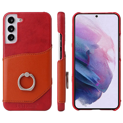 Coque en TPU + cuir véritable FIERRE SHANN avec béquille en anneau et porte-carte rouge pour votre Samsung Galaxy S22 5G