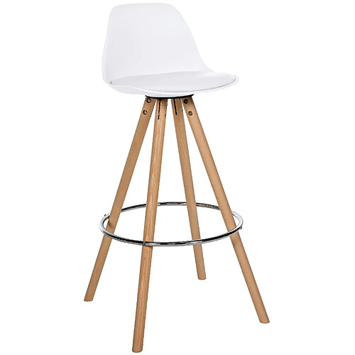 Decoshop26 Tabouret de bar chaise haute x1 repose-pieds style scandinave en plastique et PVC blanc structure en bois clair rond 10_0004622