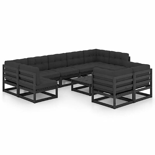 Maison Chic Salon de jardin 10 pcs + coussins - Mobilier/Meubles de jardin - Table et chaises d'extérieur Noir Bois de pin massif -MN42469