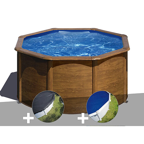 Kit piscine acier aspect bois Gré Pacific ronde 2,60 x 1,22 m + Bâche d'hivernage + Bâche à bulles