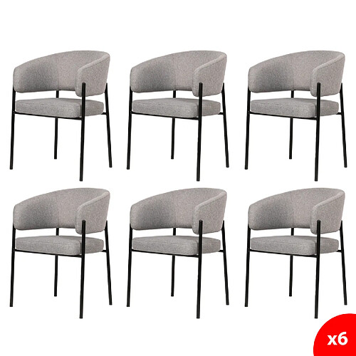 Secury-T Lot de 6 chaises de salle à manger avec accoudoirs - tissus gris - pieds en métal noir - LOU