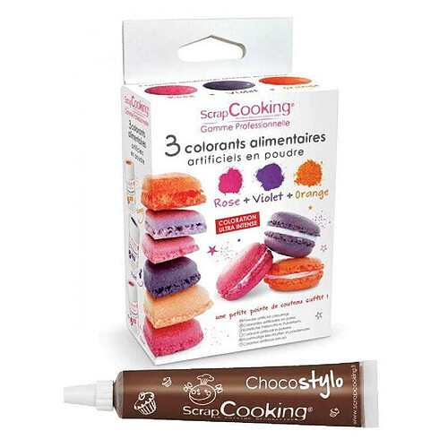 Scrapcooking 3 colorants alimentaires orange, violet, rose + 1 Stylo chocolat