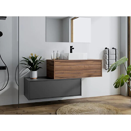 Vente-Unique Meuble de salle de bain suspendu naturel foncé et anthracite avec simple vasque carrée et deux tiroirs - 94 cm - TEANA II