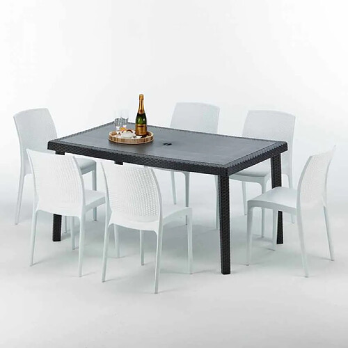 Grand Soleil Table rectangulaire et 6 chaises Poly rotin colorées 150x90cm noir Enjoy, Chaises Modèle: Boheme Blanc