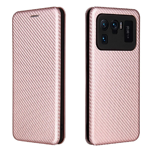 Etui en PU Texture de fibre de carbone auto-absorbée avec support or rose pour votre Xiaomi Mi 11 Ultra