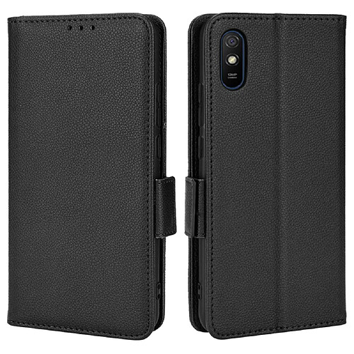 Etui en PU texture litchi, anti-rayures avec support noir pour votre Xiaomi Redmi 9A/Redmi 9AT