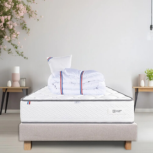 LUXURY LITERIE Ensemble Sommier beige (20cm), Matelas Iris (20 cm) mousses haute densité, ferme, face été/hiver, Oreiller et Couette, 90x190cm