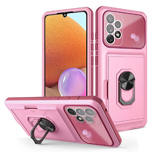 Coque en TPU + acrylique avec béquille en anneau et porte-carte Rose/rouge vin pour votre Samsung Galaxy A32 4G (EU Version)