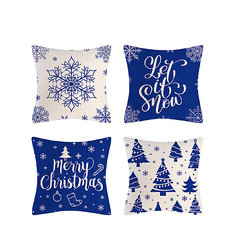 P64 4 pcs 45 * 45cm Christmas Blue Bleu Snowflake Motif Linge Taie d'oreiller Maison de vacances Accueil Taie d'oreiller Sofa Coussin Coussin Coussin