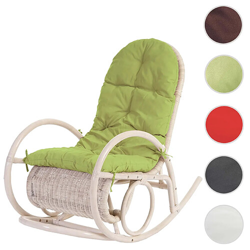 Mendler Fauteuil à bascule Esmeraldas, rocking-chair, fauteuil en rotin, blanc ~ rembourrage vert