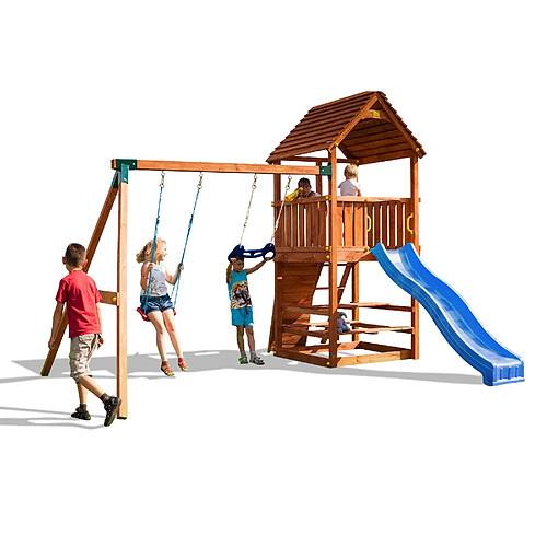 Aire de jeux en bois Joy Move avec toboggan et portique de chez Fungoo