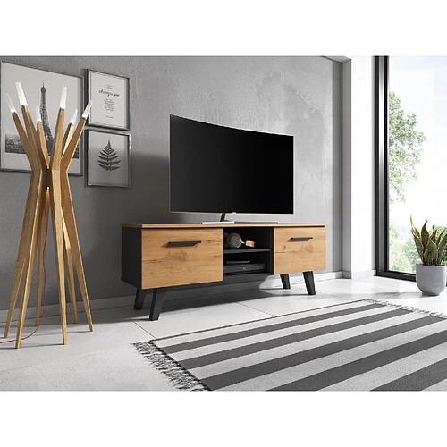 VIVALDI Meuble TV - NORD - 140 cm - noir / craft or - style scandinave