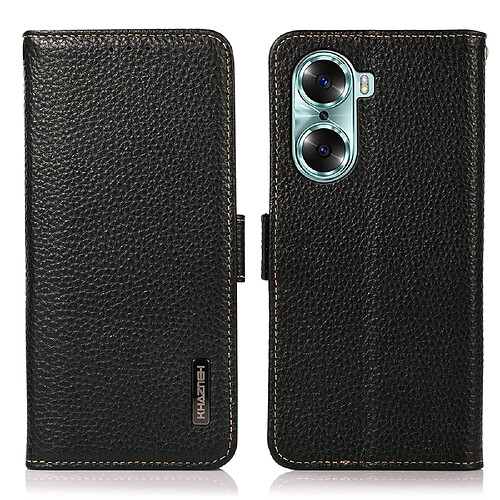 Etui en cuir véritable Fonction de blocage RFID, texture litchi avec support noir pour votre Honor 60