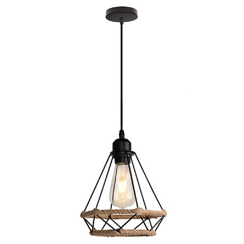 Stoex Plafonnier D'Intérieur Rétro Noir Suspension Luminaire en Corde de Chanvre 20CM Lustre Diamant Suspension Lustre Vintage en Métal