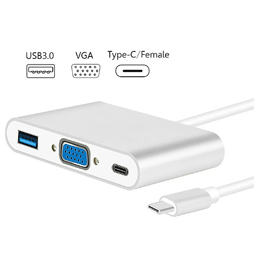 Wewoo L'adaptateur de concentrateur USB 3-en-1 USB Type C à VGA prend en charge les tablettes et ordinateurs portables USB C pour Macbook Pro / Google ChromeBook Argent