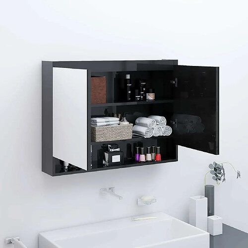 vidaXL Armoire à miroir de salle de bain 80x15x60 cm MDF Noir brillant