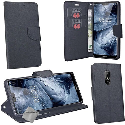 Htdmobiles Housse etui portefeuille pour Nokia 6.1 Plus (2019) + verre trempe - NOIR / NOIR