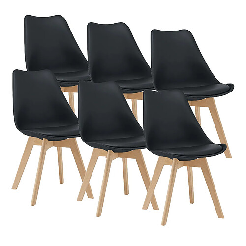 Lot de 6 Chaises de Salle à Manger Scandinave Siège Cuisine Plastique Similicuir Hêtre 81 x 49 x 57 cm Noir [en.casa]